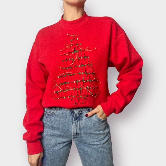 90s Fruit of the Loom Red Crewneck with Cut‎ Out Christmas Tree - Picture 1 of 7